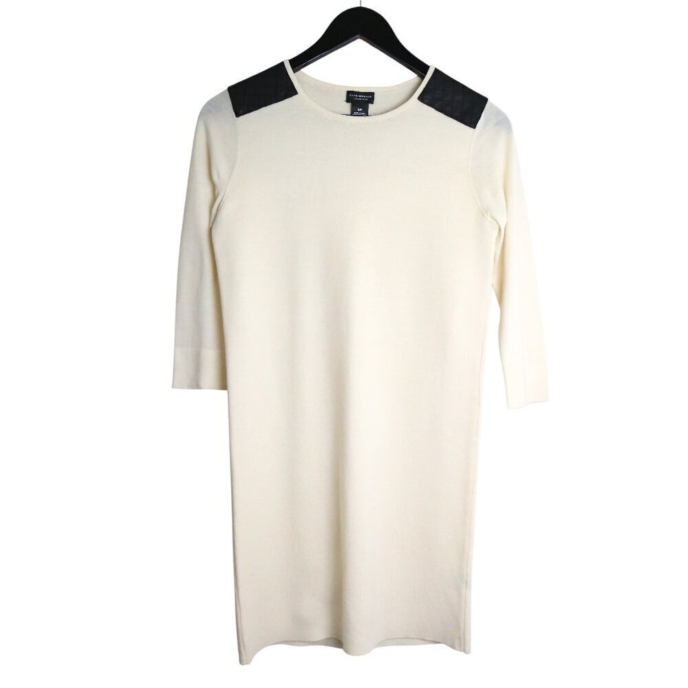 Club Monaco 100% Wool Cream 3/4 Sleeve Dress with Leather Accents Size Small